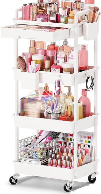 Rolling Makeup Organizer Cart with Removable Drawer, 3 Tier White