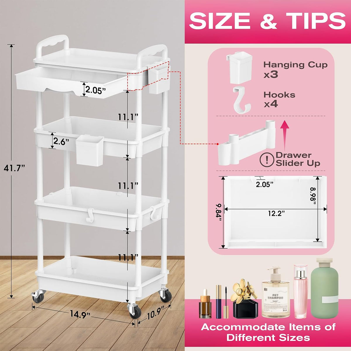 Rolling Makeup Organizer Cart with Removable Drawer, 3 Tier White