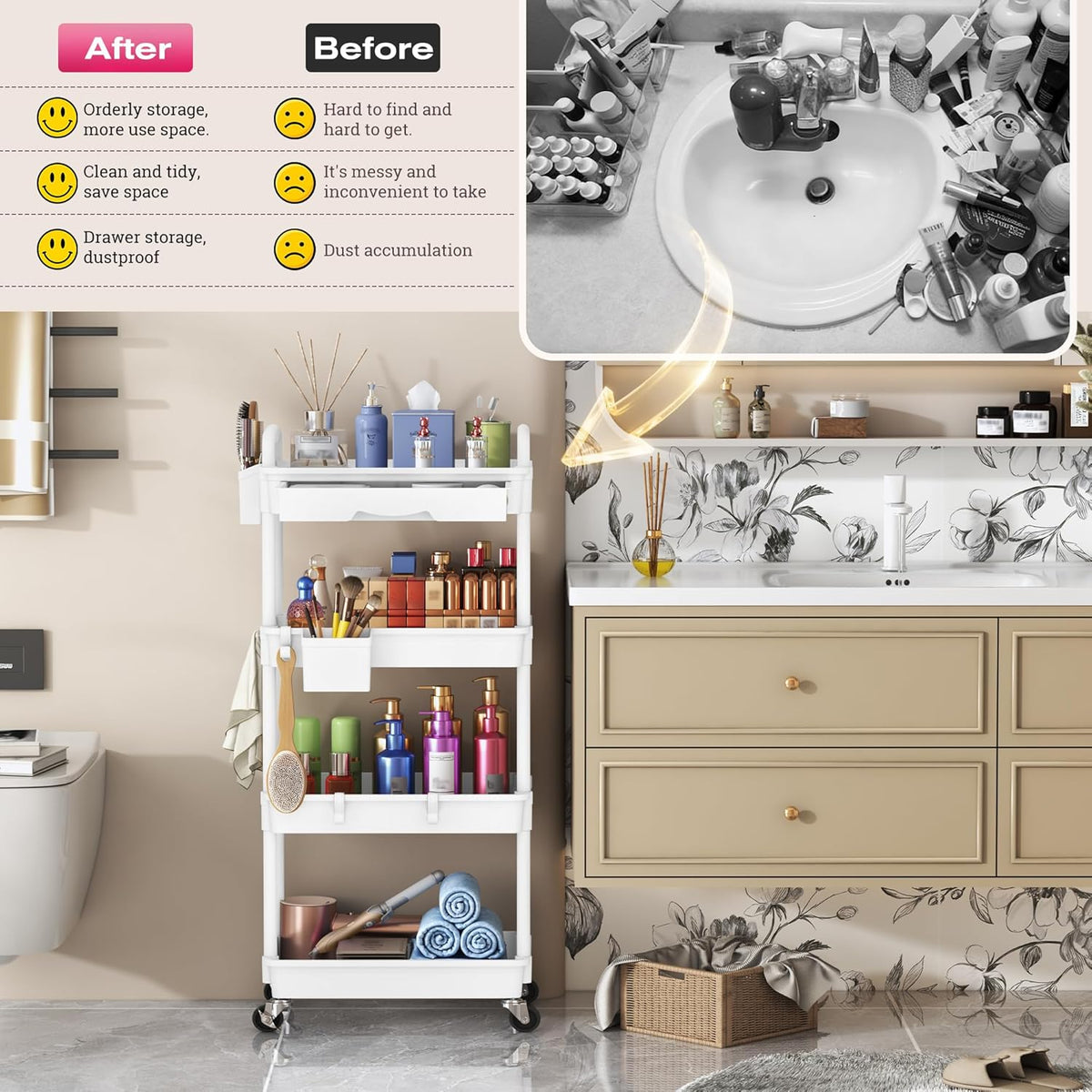 Rolling Makeup Organizer Cart with Removable Drawer, 3 Tier White