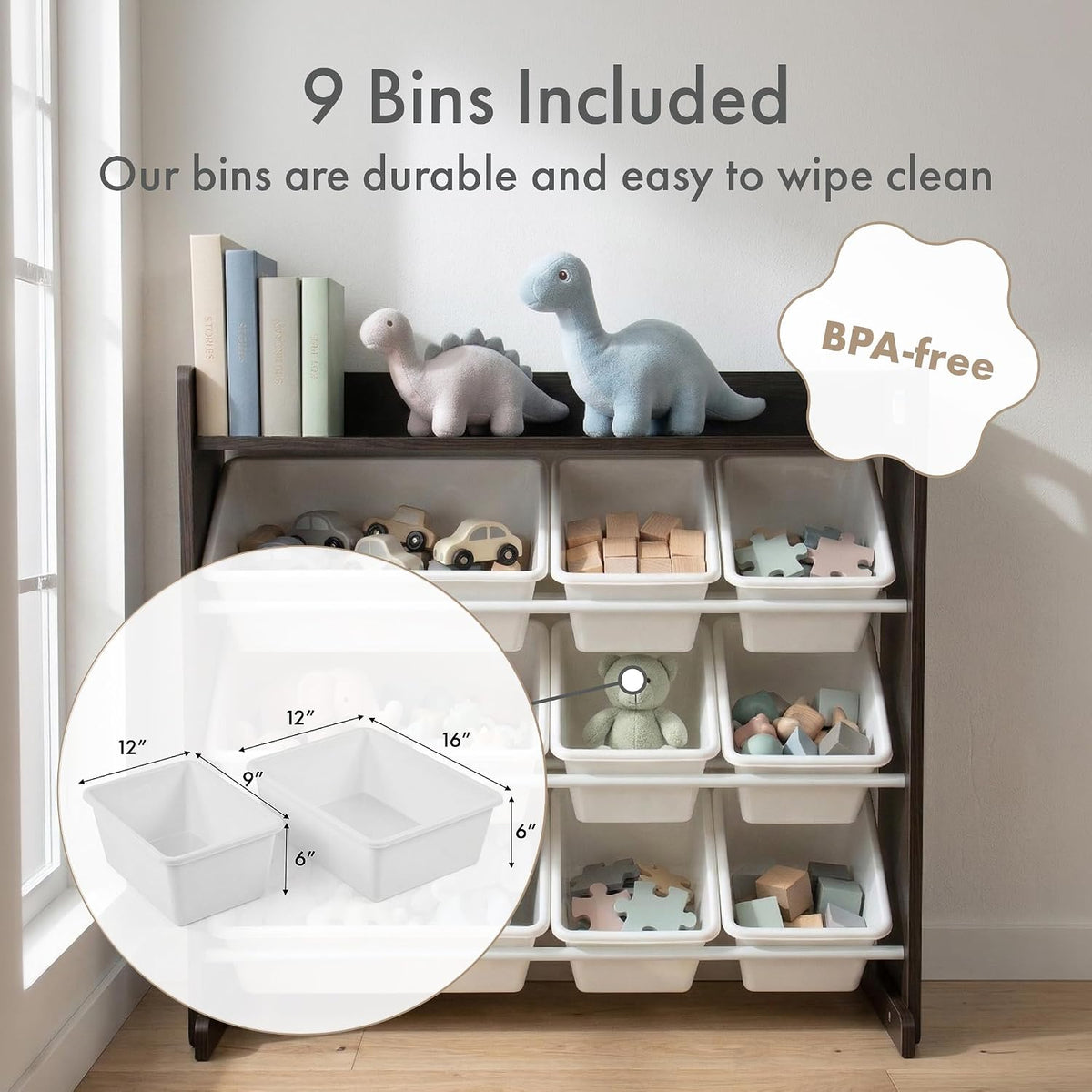 Kids Toy Organizer with Display Shelf, 9 Bins, 3 Tier Storage