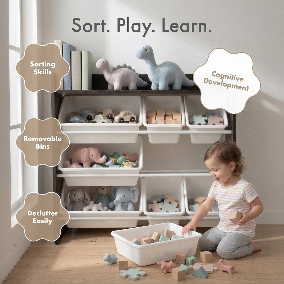 Kids Toy Organizer with Display Shelf, 9 Bins, 3 Tier Storage