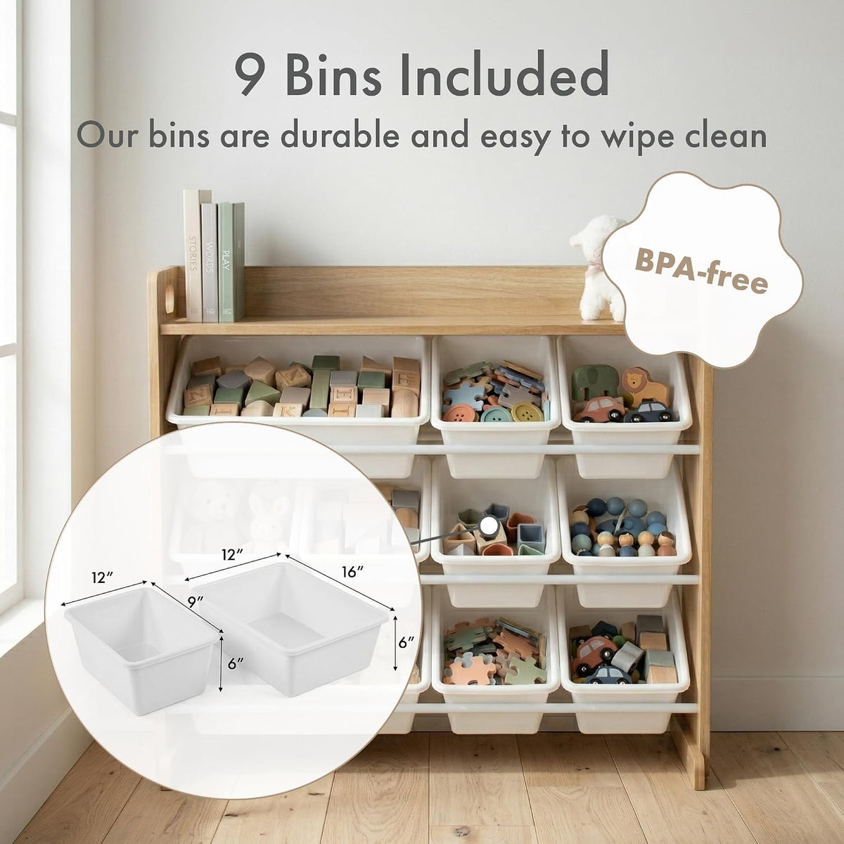 Kids Toy Organizer with Display Shelf, 9 Bins, 3 Tier Storage