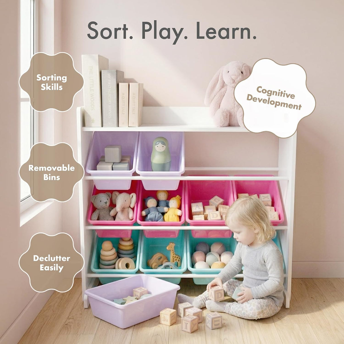 Kids Toy Organizer with Display Shelf, 9 Bins, 3 Tier Storage
