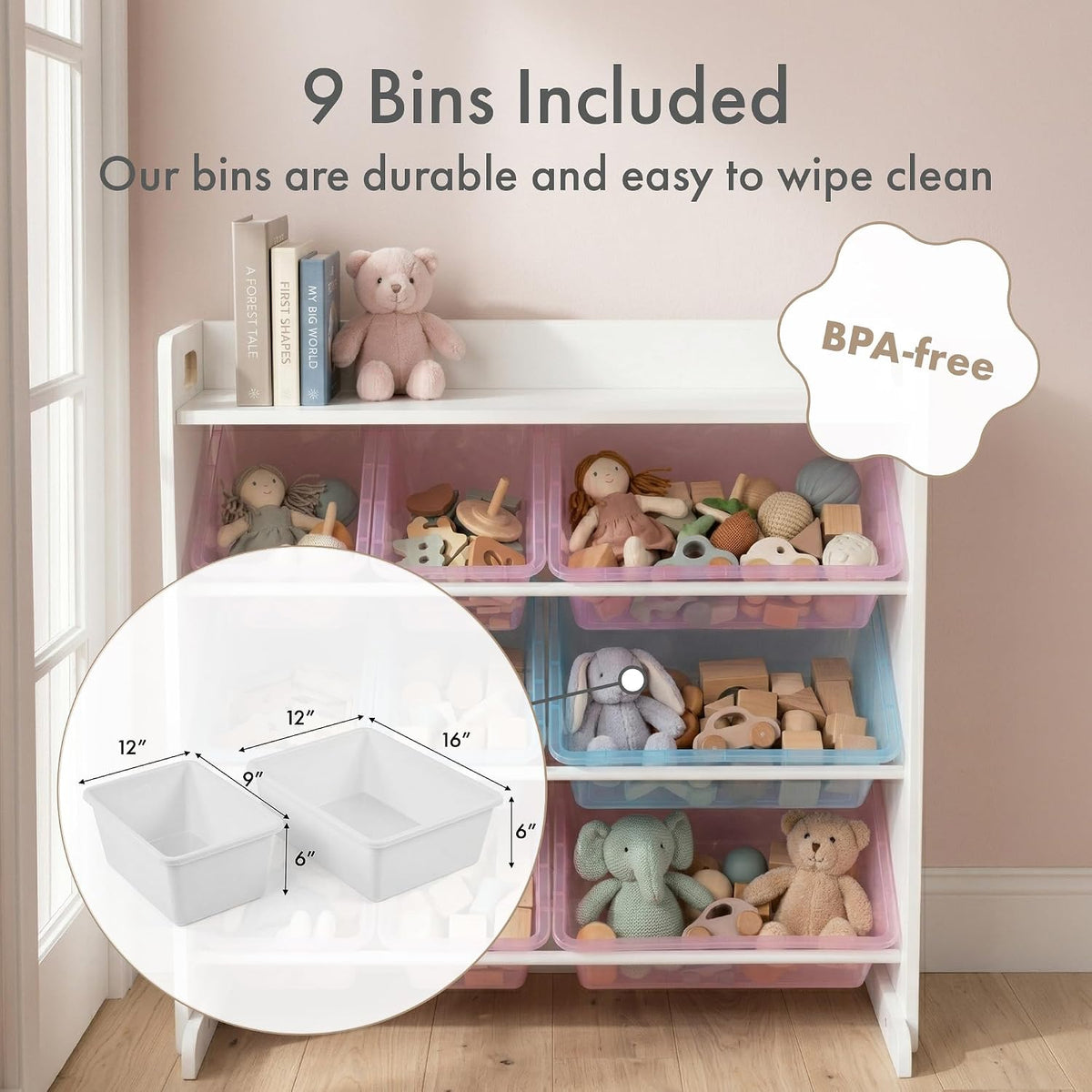 Kids Toy Organizer with Display Shelf, 9 Bins, 3 Tier Storage