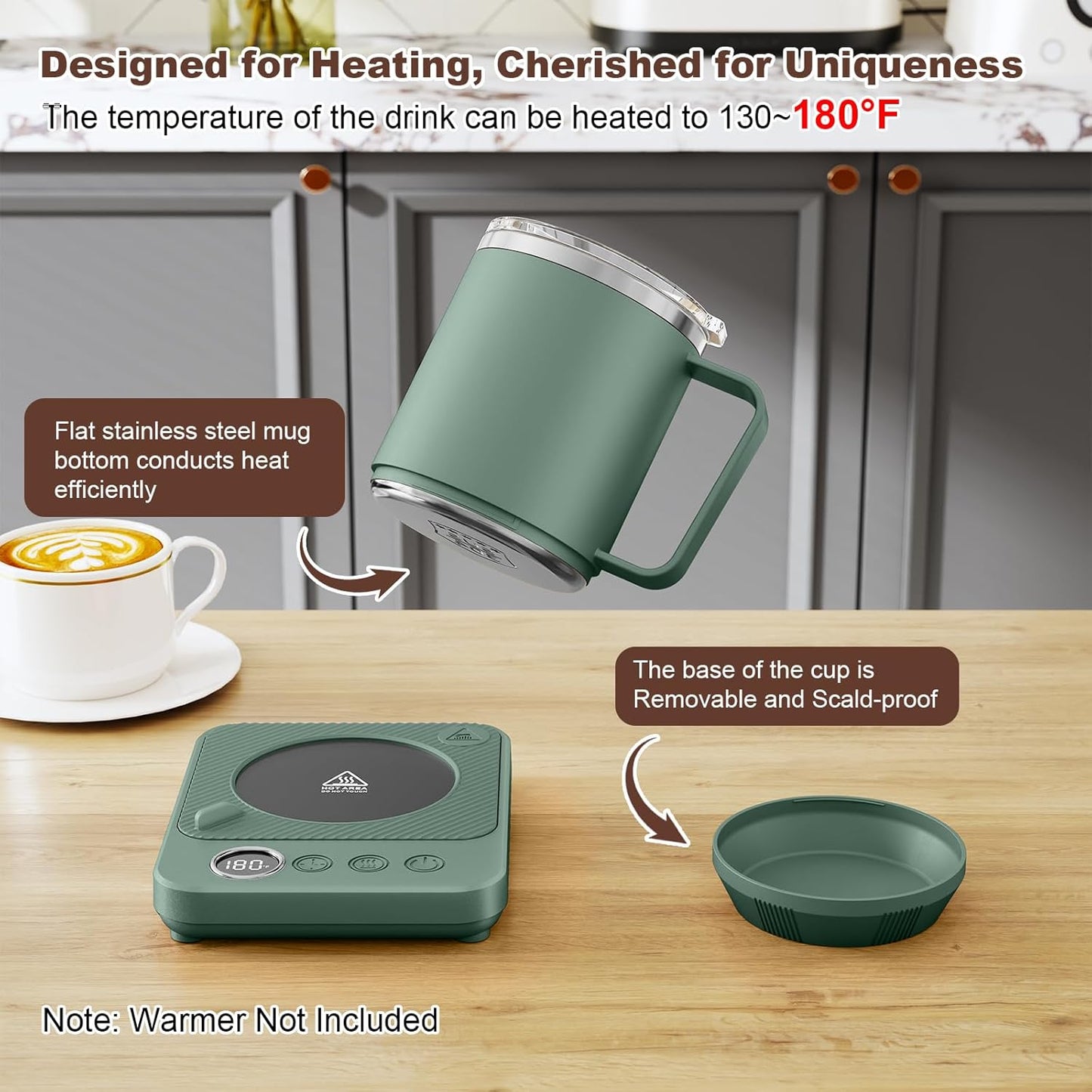 Felibeaco 16oz Heated Coffee Mug with Flat Bottom for Rapid Heating, Stainless Steel Heated Coffee Cup Suitable for Different Coffee Mug Warmer/Heaters, Heated Mug/Cup for Home and Office Desk,White