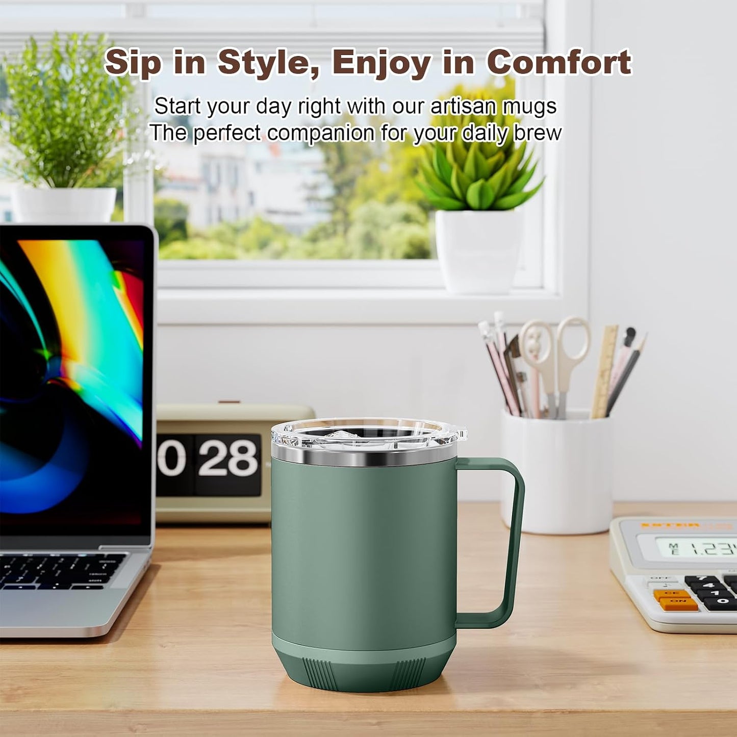 Felibeaco 16oz Heated Coffee Mug with Flat Bottom for Rapid Heating, Stainless Steel Heated Coffee Cup Suitable for Different Coffee Mug Warmer/Heaters, Heated Mug/Cup for Home and Office Desk,White