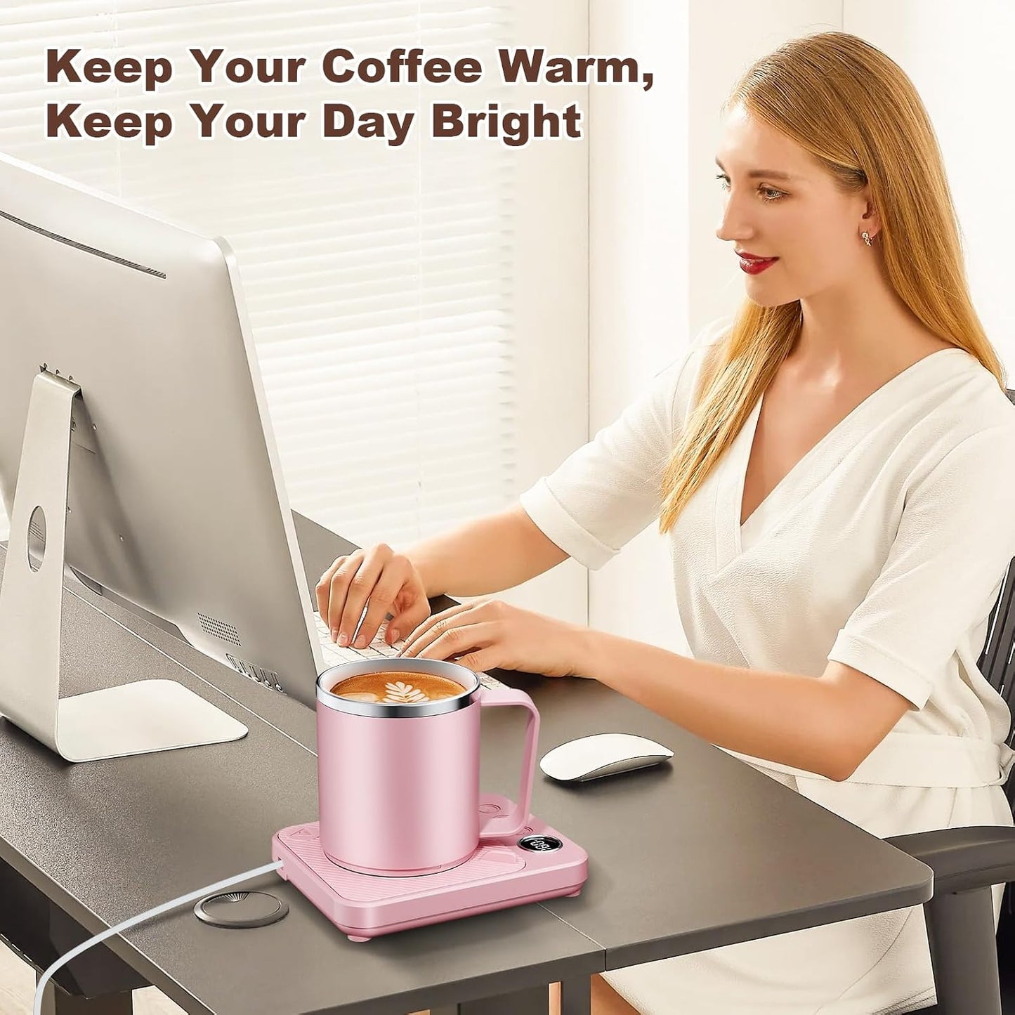 Felibeaco 16oz Heated Coffee Mug with Flat Bottom for Rapid Heating, Stainless Steel Heated Coffee Cup Suitable for Different Coffee Mug Warmer/Heaters, Heated Mug/Cup for Home and Office Desk,White