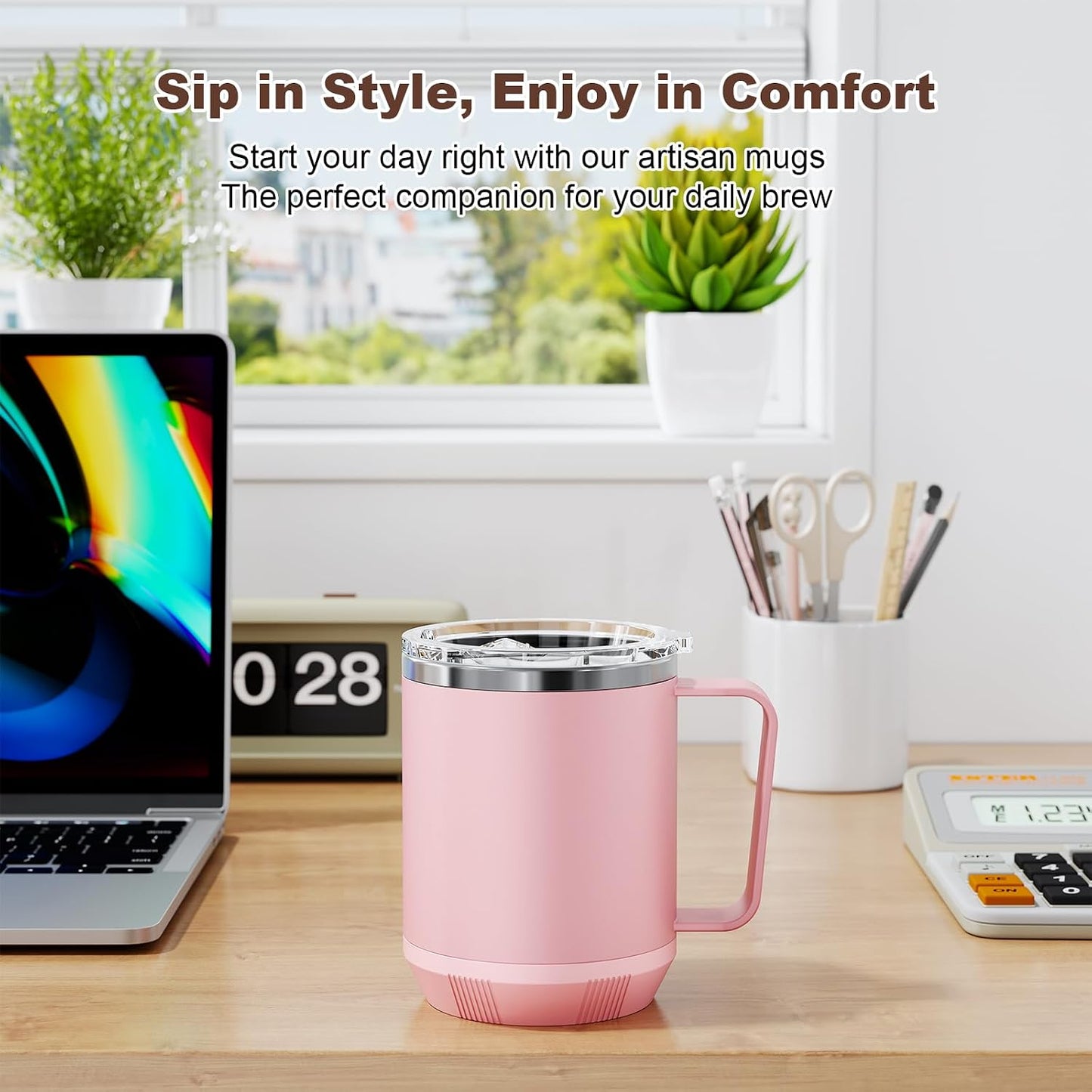 Felibeaco 16oz Heated Coffee Mug with Flat Bottom for Rapid Heating, Stainless Steel Heated Coffee Cup Suitable for Different Coffee Mug Warmer/Heaters, Heated Mug/Cup for Home and Office Desk,White