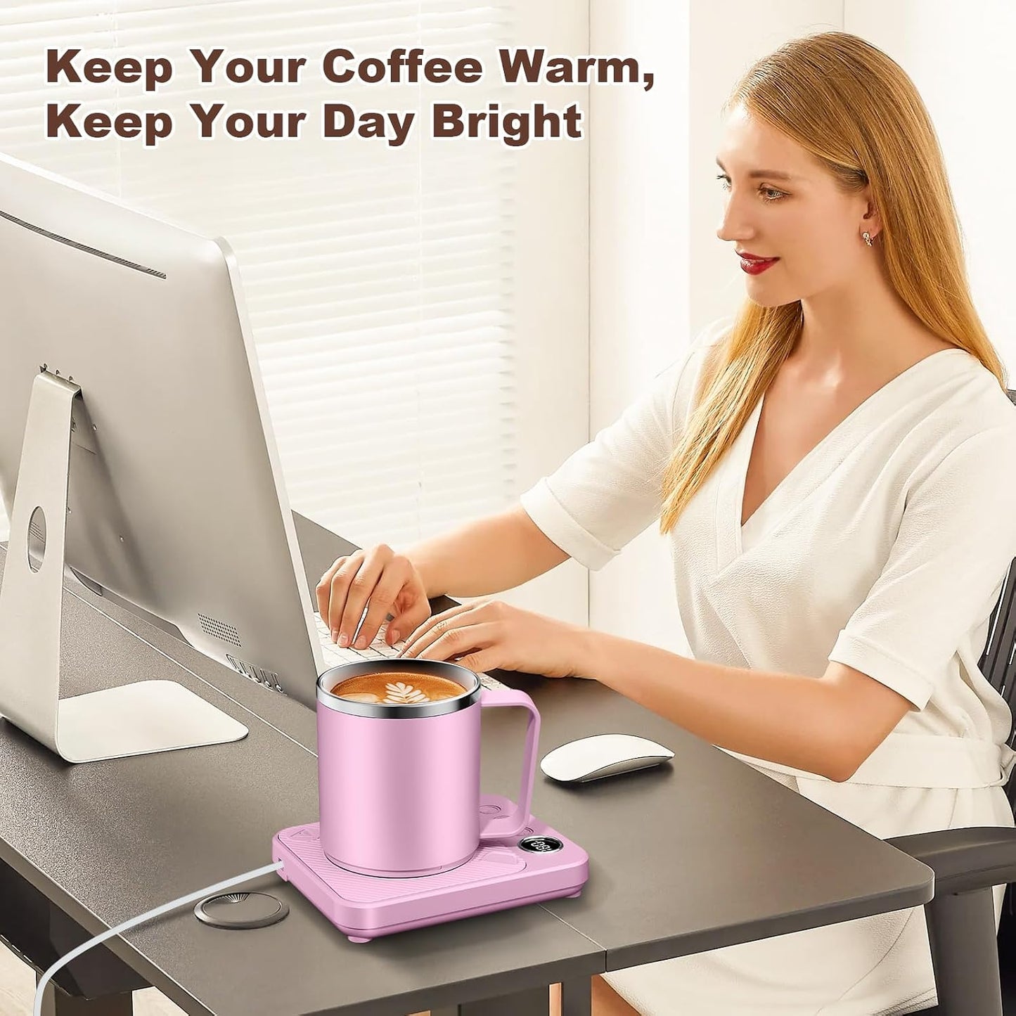 Felibeaco 16oz Heated Coffee Mug with Flat Bottom for Rapid Heating, Stainless Steel Heated Coffee Cup Suitable for Different Coffee Mug Warmer/Heaters, Heated Mug/Cup for Home and Office Desk,White