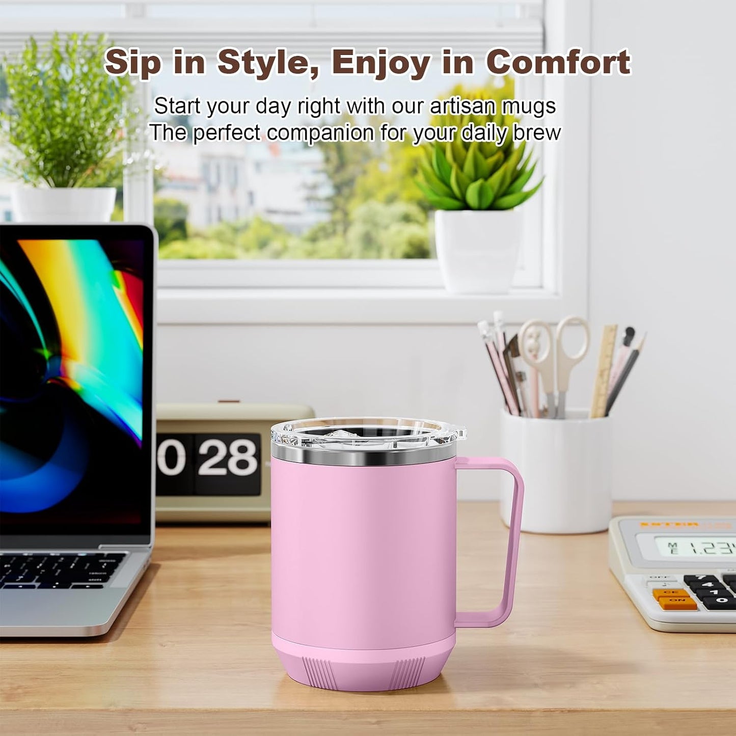 Felibeaco 16oz Heated Coffee Mug with Flat Bottom for Rapid Heating, Stainless Steel Heated Coffee Cup Suitable for Different Coffee Mug Warmer/Heaters, Heated Mug/Cup for Home and Office Desk,White