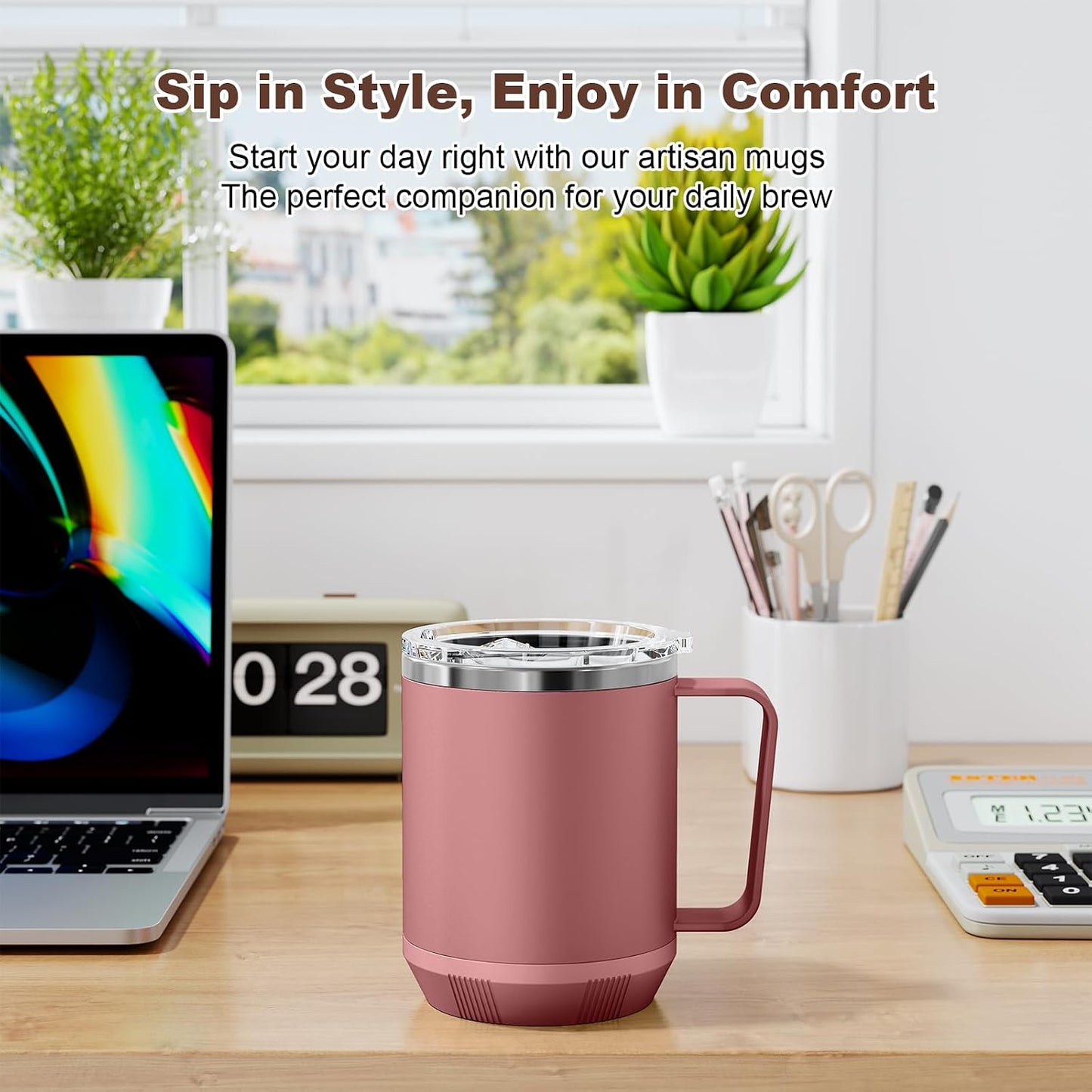 Felibeaco 16oz Heated Coffee Mug with Flat Bottom for Rapid Heating, Stainless Steel Heated Coffee Cup Suitable for Different Coffee Mug Warmer/Heaters, Heated Mug/Cup for Home and Office Desk,White