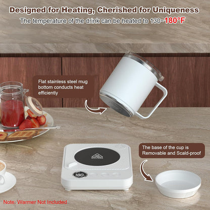 Felibeaco 16oz Heated Coffee Mug with Flat Bottom for Rapid Heating, Stainless Steel Heated Coffee Cup Suitable for Different Coffee Mug Warmer/Heaters, Heated Mug/Cup for Home and Office Desk,White
