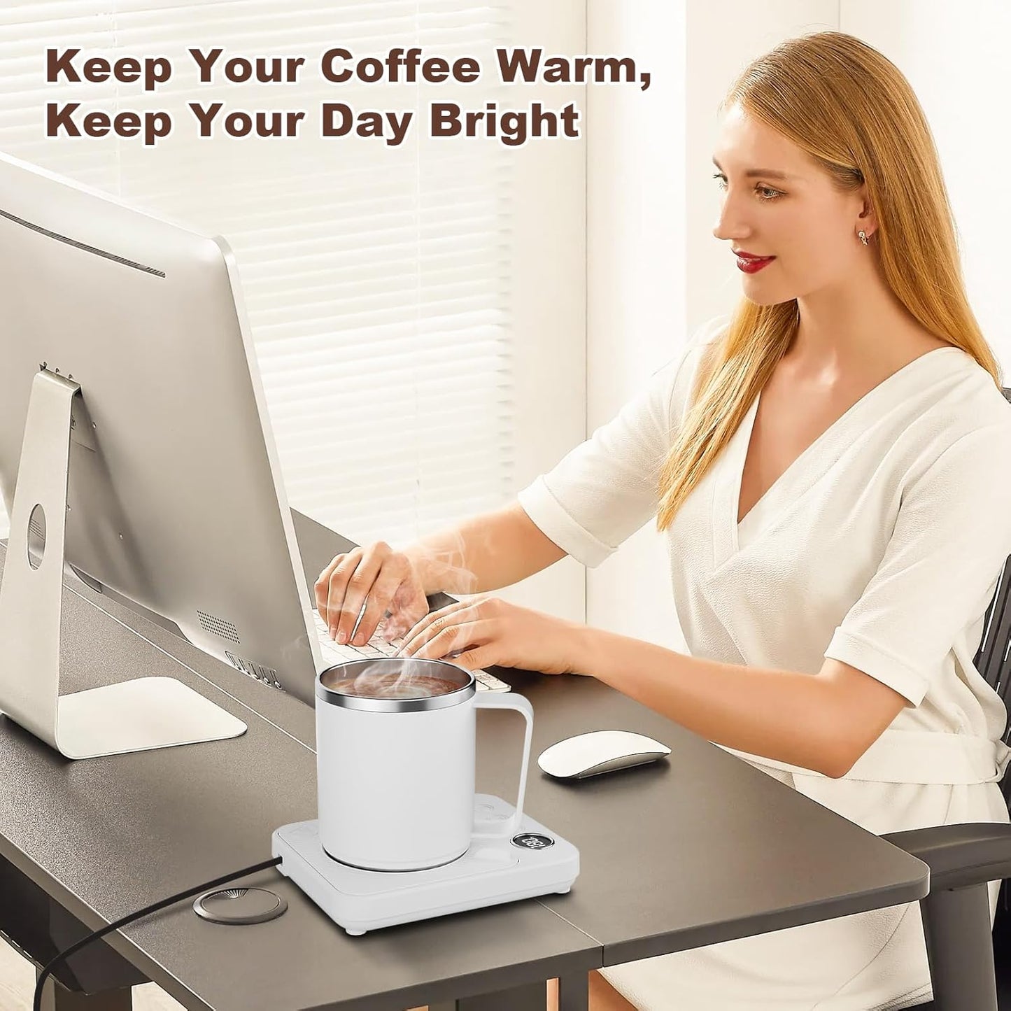 Felibeaco 16oz Heated Coffee Mug with Flat Bottom for Rapid Heating, Stainless Steel Heated Coffee Cup Suitable for Different Coffee Mug Warmer/Heaters, Heated Mug/Cup for Home and Office Desk,White