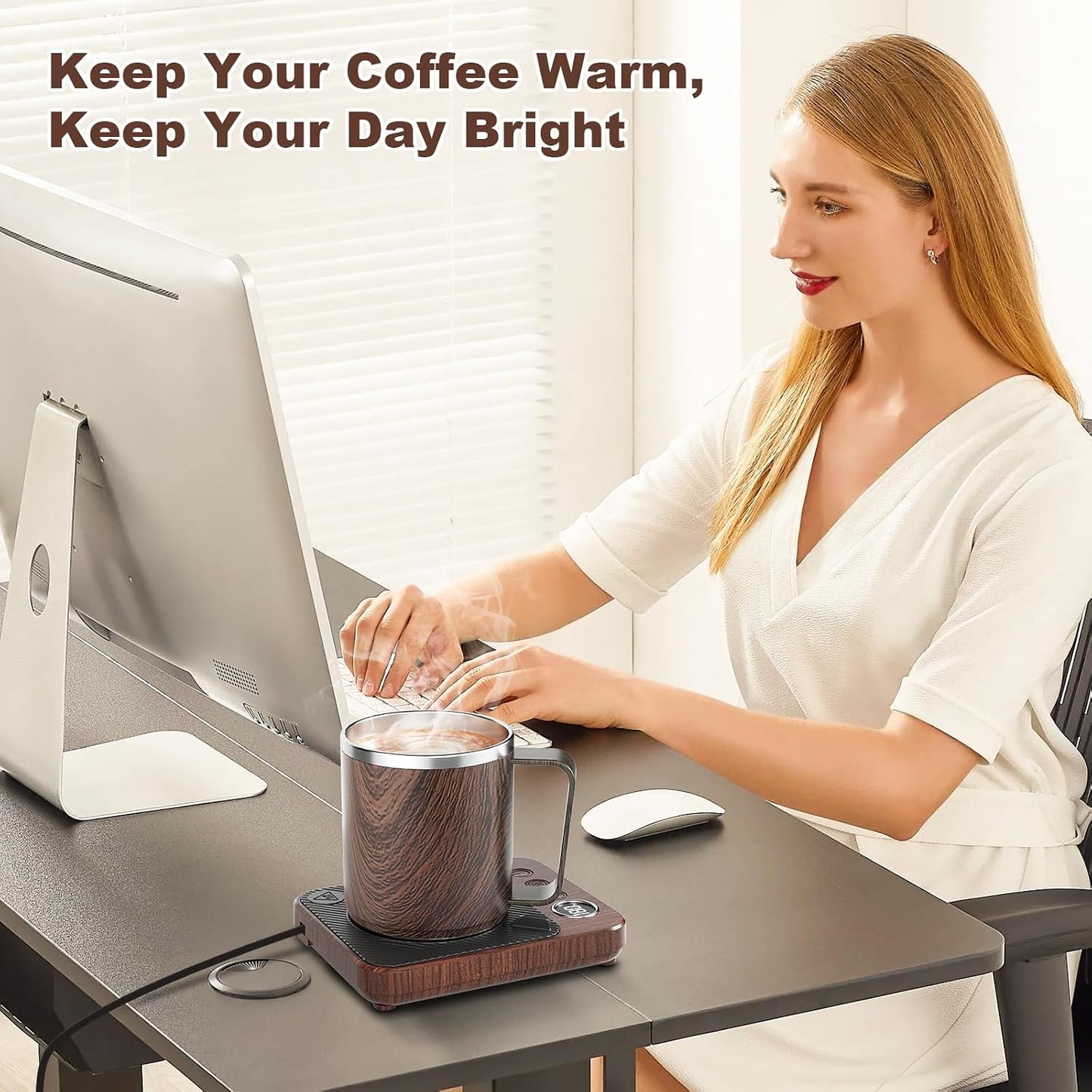 Felibeaco 16oz Heated Coffee Mug with Flat Bottom for Rapid Heating, Stainless Steel Heated Coffee Cup Suitable for Different Coffee Mug Warmer/Heaters, Heated Mug/Cup for Home and Office Desk,White