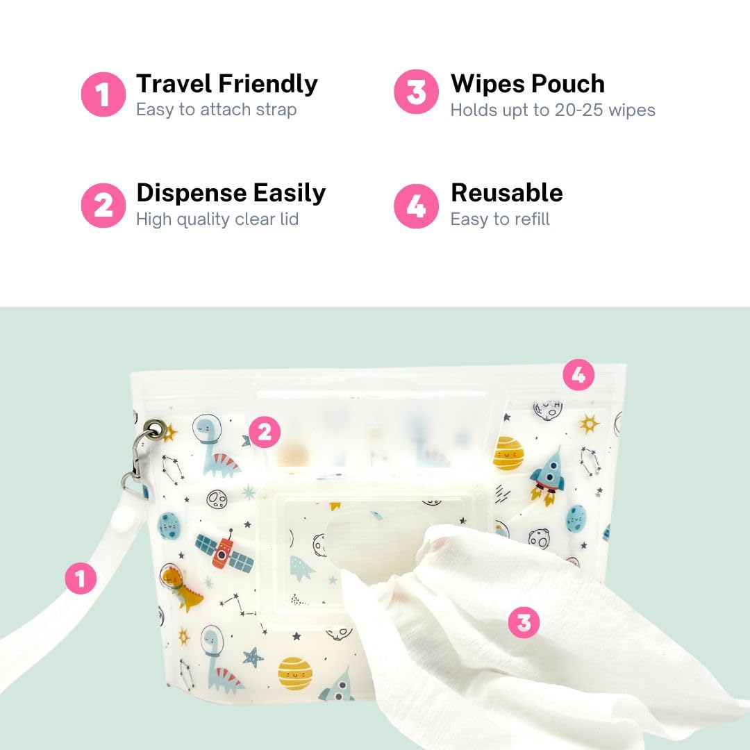 Portable & Refillable Wet Wipe Pouch - Reusable Baby Wipes Holder & Container, Mini Floral Love, 2pcs