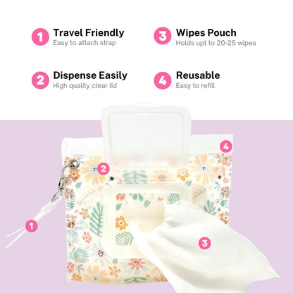 Portable & Refillable Wet Wipe Pouch - Reusable Baby Wipes Holder & Container, Mini Floral Love, 2pcs