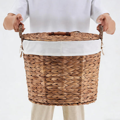 Round Laundry Hamper with Lid and a Removable Liner Bag, Handwoven Water Hyacinth Laundry Basket for Laundry Room Bedroom (Natural, S)
