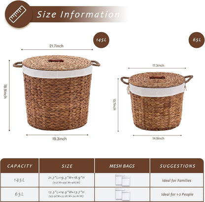 Round Laundry Hamper with Lid and a Removable Liner Bag, Handwoven Water Hyacinth Laundry Basket for Laundry Room Bedroom (Natural, S)