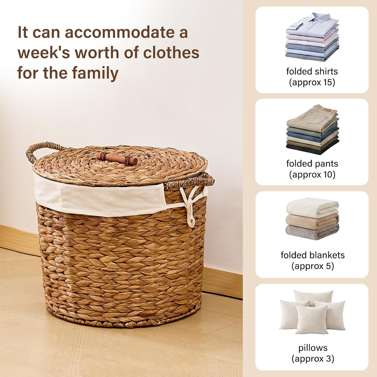Round Laundry Hamper with Lid and a Removable Liner Bag, Handwoven Water Hyacinth Laundry Basket for Laundry Room Bedroom (Natural, S)