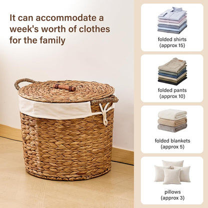 Round Laundry Hamper with Lid and a Removable Liner Bag, Handwoven Water Hyacinth Laundry Basket for Laundry Room Bedroom (Natural, S)