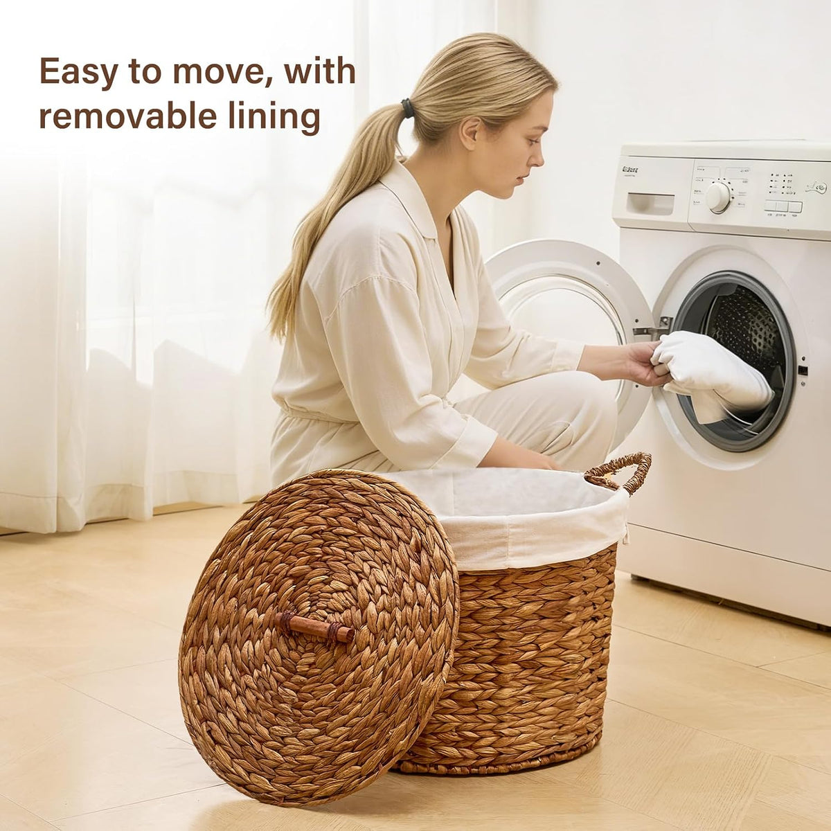 Round Laundry Hamper with Lid and a Removable Liner Bag, Handwoven Water Hyacinth Laundry Basket for Laundry Room Bedroom (Natural, S)