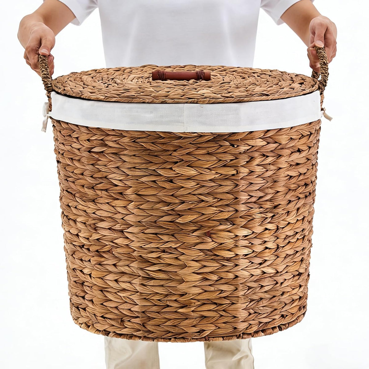 Round Laundry Hamper with Lid and a Removable Liner Bag, Handwoven Water Hyacinth Laundry Basket for Laundry Room Bedroom (Natural, S)
