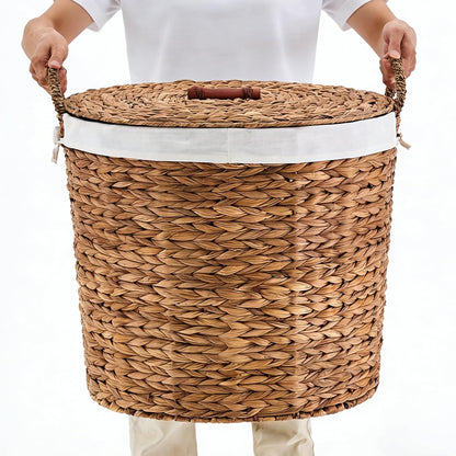 Round Laundry Hamper with Lid and a Removable Liner Bag, Handwoven Water Hyacinth Laundry Basket for Laundry Room Bedroom (Natural, S)