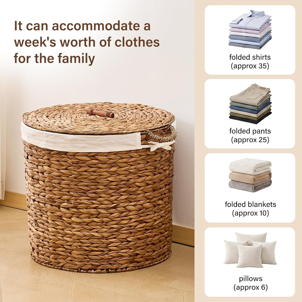 Round Laundry Hamper with Lid and a Removable Liner Bag, Handwoven Water Hyacinth Laundry Basket for Laundry Room Bedroom (Natural, S)