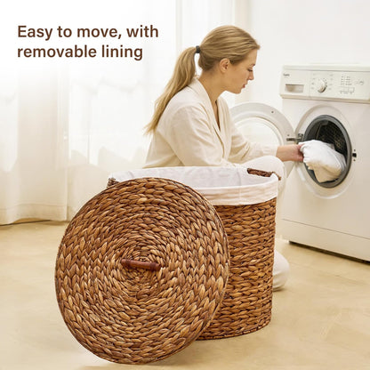 Round Laundry Hamper with Lid and a Removable Liner Bag, Handwoven Water Hyacinth Laundry Basket for Laundry Room Bedroom (Natural, S)