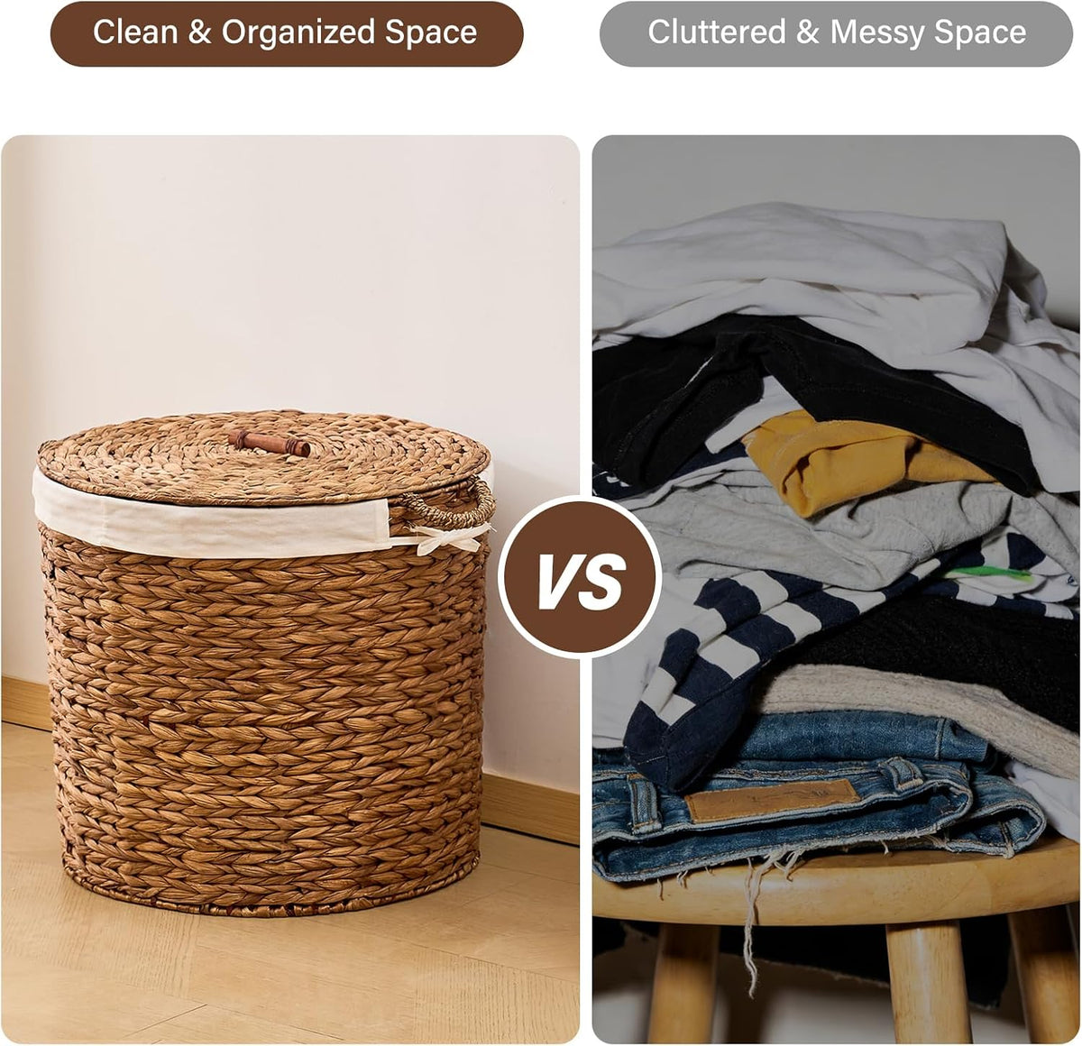 Round Laundry Hamper with Lid and a Removable Liner Bag, Handwoven Water Hyacinth Laundry Basket for Laundry Room Bedroom (Natural, S)