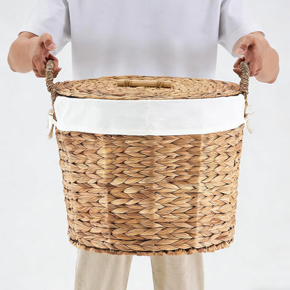 Round Laundry Hamper with Lid and a Removable Liner Bag, Handwoven Water Hyacinth Laundry Basket for Laundry Room Bedroom (Natural, S)