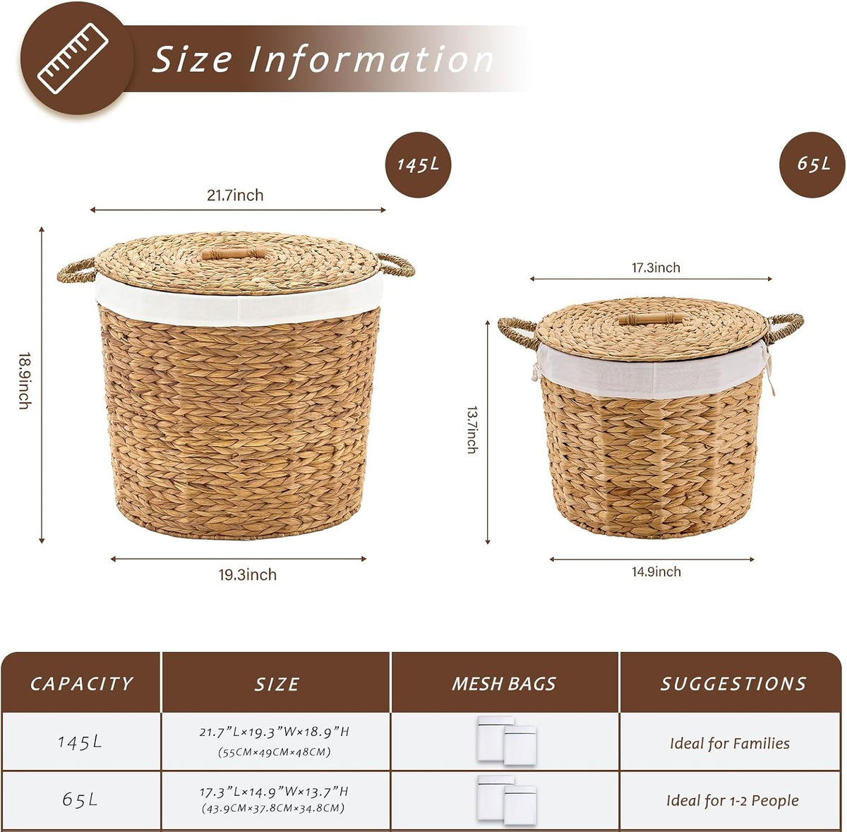 Round Laundry Hamper with Lid and a Removable Liner Bag, Handwoven Water Hyacinth Laundry Basket for Laundry Room Bedroom (Natural, S)