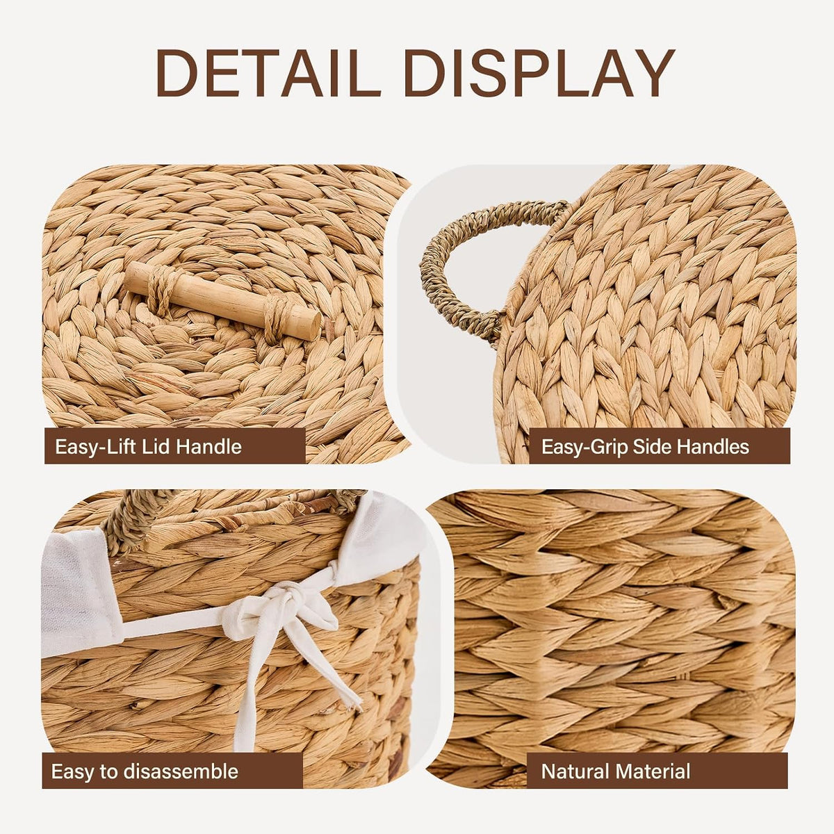 Round Laundry Hamper with Lid and a Removable Liner Bag, Handwoven Water Hyacinth Laundry Basket for Laundry Room Bedroom (Natural, S)
