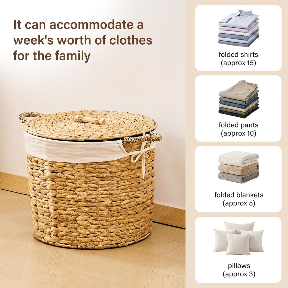 Round Laundry Hamper with Lid and a Removable Liner Bag, Handwoven Water Hyacinth Laundry Basket for Laundry Room Bedroom (Natural, S)