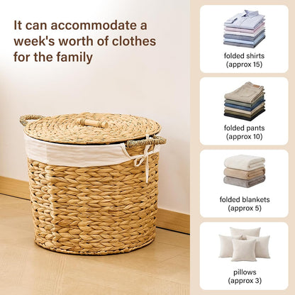 Round Laundry Hamper with Lid and a Removable Liner Bag, Handwoven Water Hyacinth Laundry Basket for Laundry Room Bedroom (Natural, S)