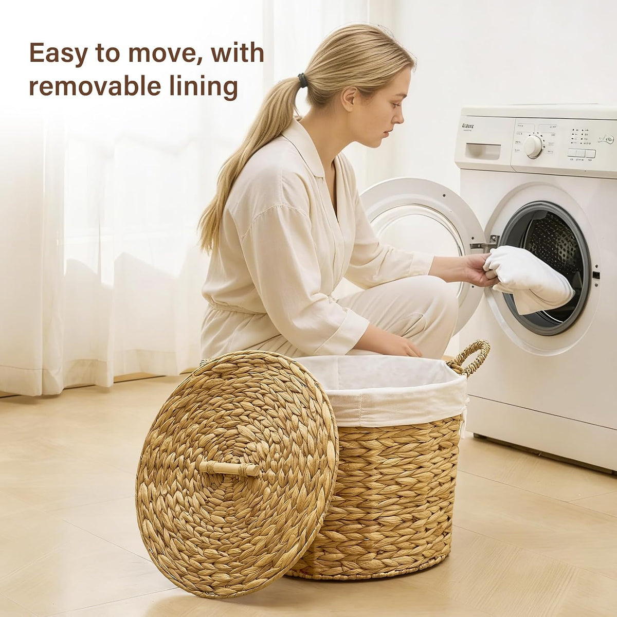 Round Laundry Hamper with Lid and a Removable Liner Bag, Handwoven Water Hyacinth Laundry Basket for Laundry Room Bedroom (Natural, S)
