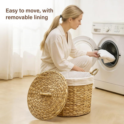 Round Laundry Hamper with Lid and a Removable Liner Bag, Handwoven Water Hyacinth Laundry Basket for Laundry Room Bedroom (Natural, S)