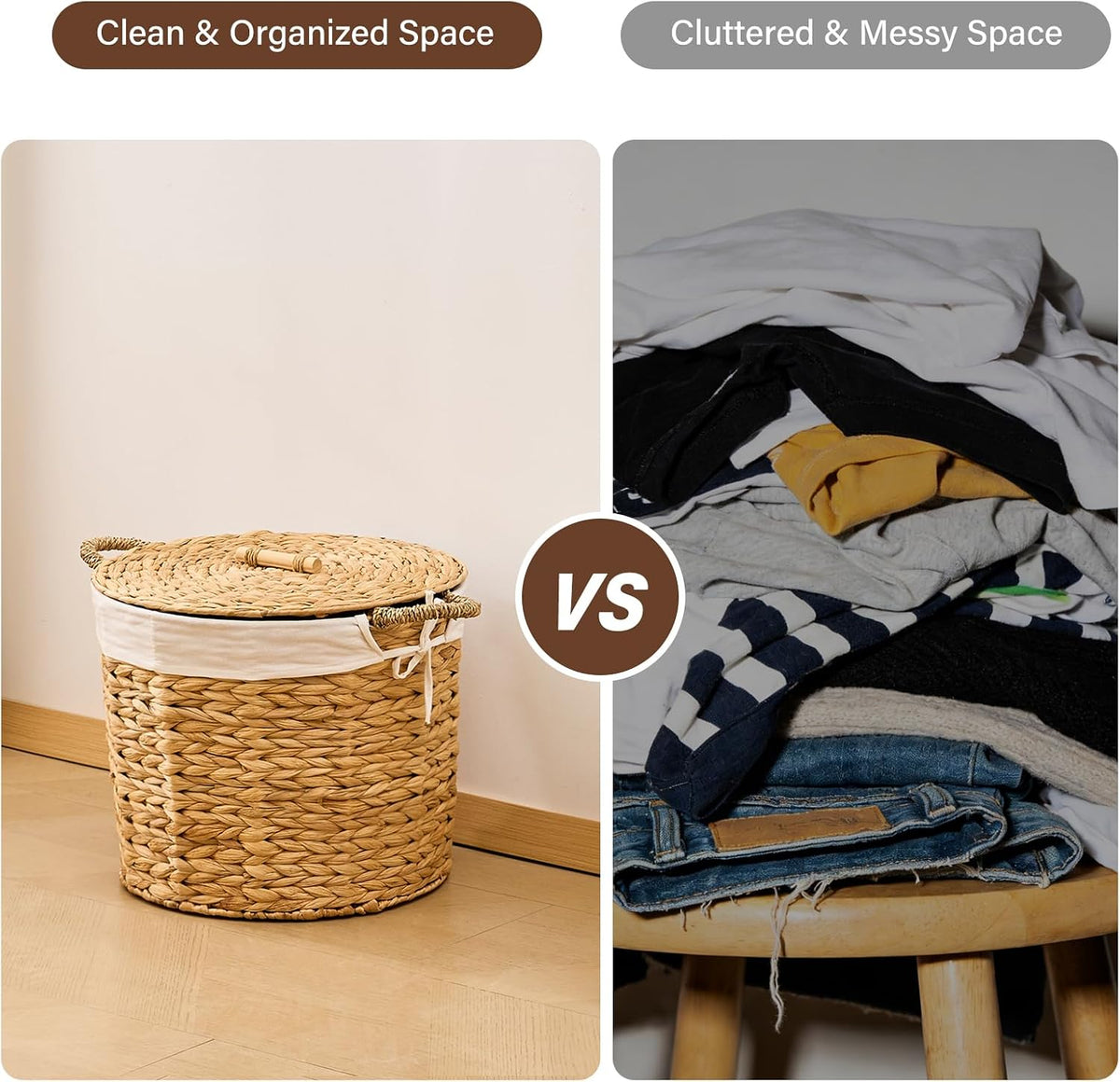 Round Laundry Hamper with Lid and a Removable Liner Bag, Handwoven Water Hyacinth Laundry Basket for Laundry Room Bedroom (Natural, S)