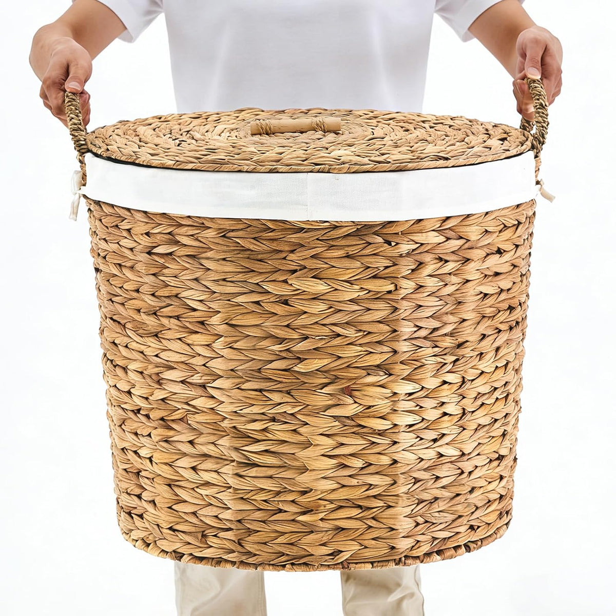 Round Laundry Hamper with Lid and a Removable Liner Bag, Handwoven Water Hyacinth Laundry Basket for Laundry Room Bedroom (Natural, S)