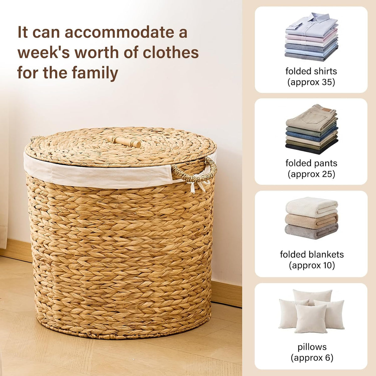 Round Laundry Hamper with Lid and a Removable Liner Bag, Handwoven Water Hyacinth Laundry Basket for Laundry Room Bedroom (Natural, S)