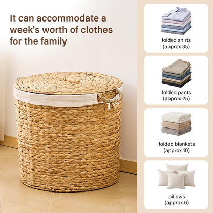 Round Laundry Hamper with Lid and a Removable Liner Bag, Handwoven Water Hyacinth Laundry Basket for Laundry Room Bedroom (Natural, S)