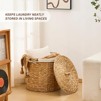 Round Laundry Hamper with Lid and a Removable Liner Bag, Handwoven Water Hyacinth Laundry Basket for Laundry Room Bedroom (Natural, S)