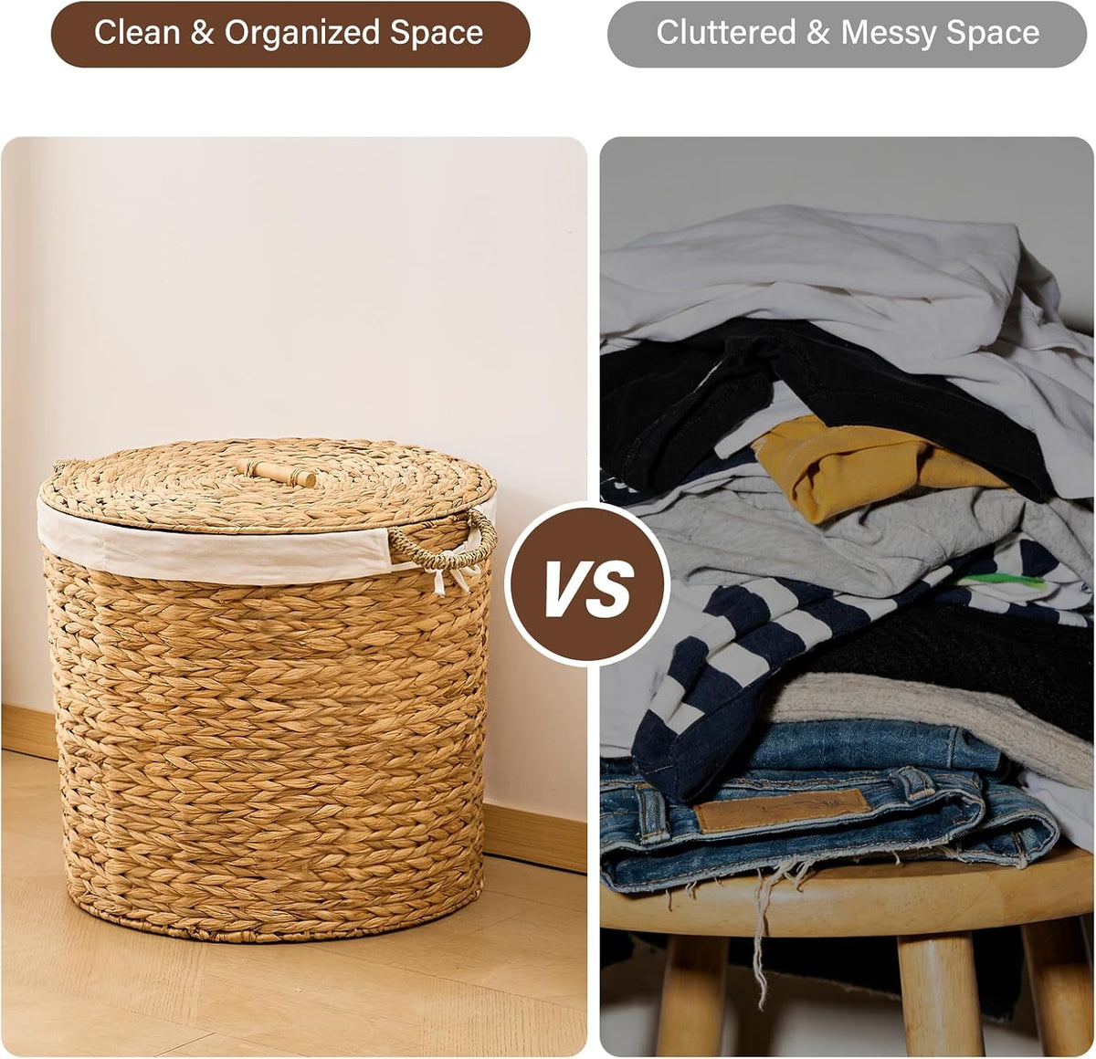 Round Laundry Hamper with Lid and a Removable Liner Bag, Handwoven Water Hyacinth Laundry Basket for Laundry Room Bedroom (Natural, S)