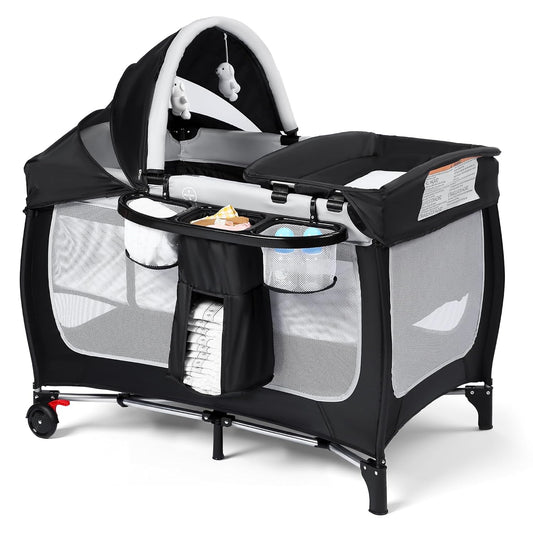 4 in 1 Portable Pack and Play, Baby Playard w/Bassinet, Black