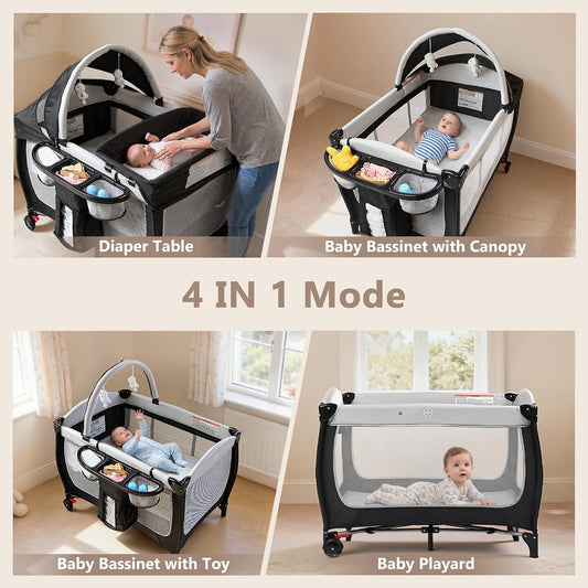 4 in 1 Portable Pack and Play, Baby Playard w/Bassinet, Black