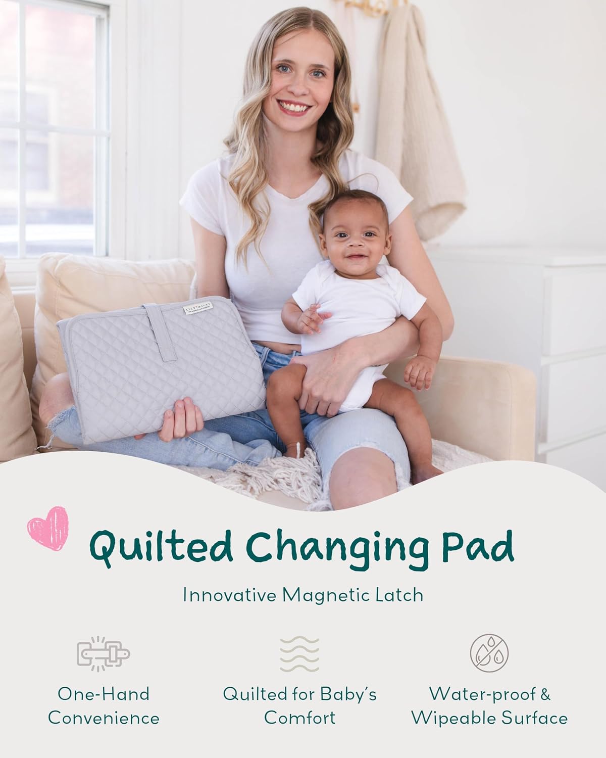 Diaper Changing Pad Portable, Baby Changing Mat with Magnetic Latches, Travel Pad for Diaper Bag, Baby Essentials, Wipeable & Waterproof Mat (Soft Sand, Regular)