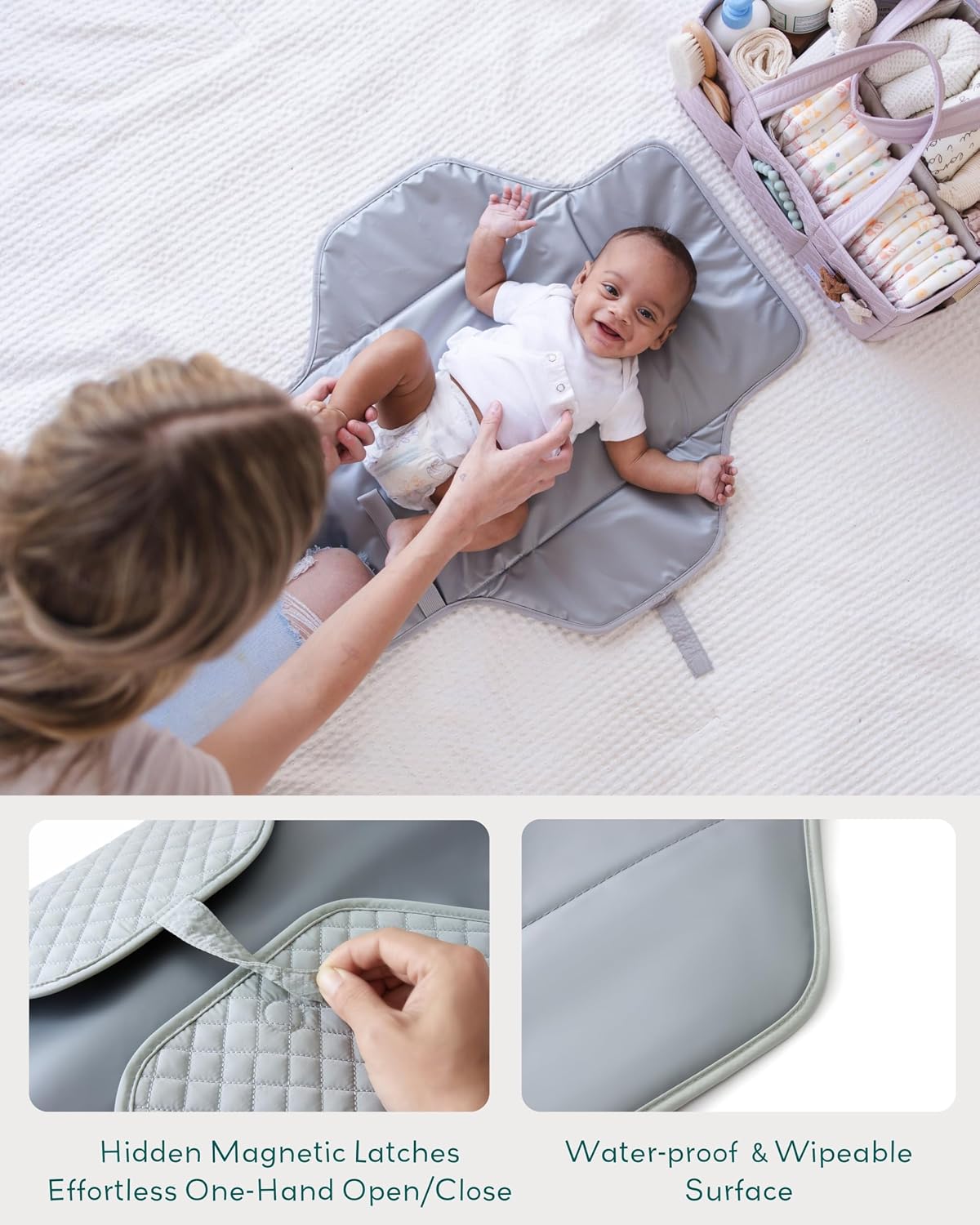 Diaper Changing Pad Portable, Baby Changing Mat with Magnetic Latches, Travel Pad for Diaper Bag, Baby Essentials, Wipeable & Waterproof Mat (Soft Sand, Regular)