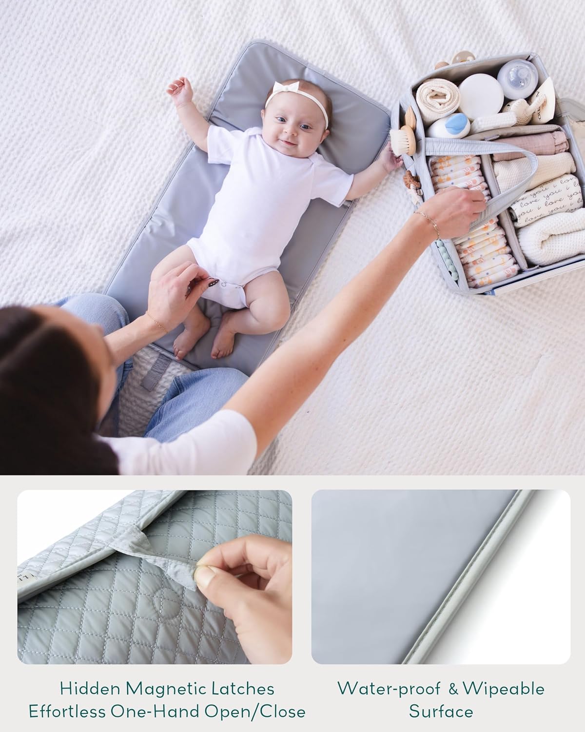 Diaper Changing Pad Portable, Baby Changing Mat with Magnetic Latches, Travel Pad for Diaper Bag, Baby Essentials, Wipeable & Waterproof Mat (Soft Sand, Regular)