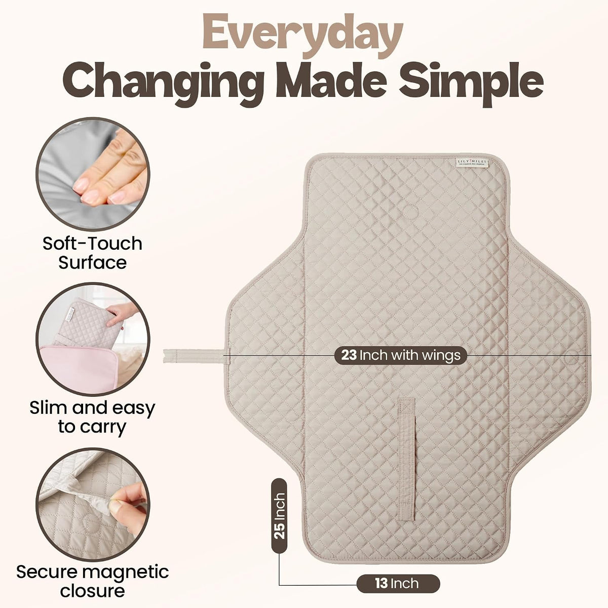 Diaper Changing Pad Portable, Baby Changing Mat with Magnetic Latches, Travel Pad for Diaper Bag, Baby Essentials, Wipeable & Waterproof Mat (Soft Sand, Regular)