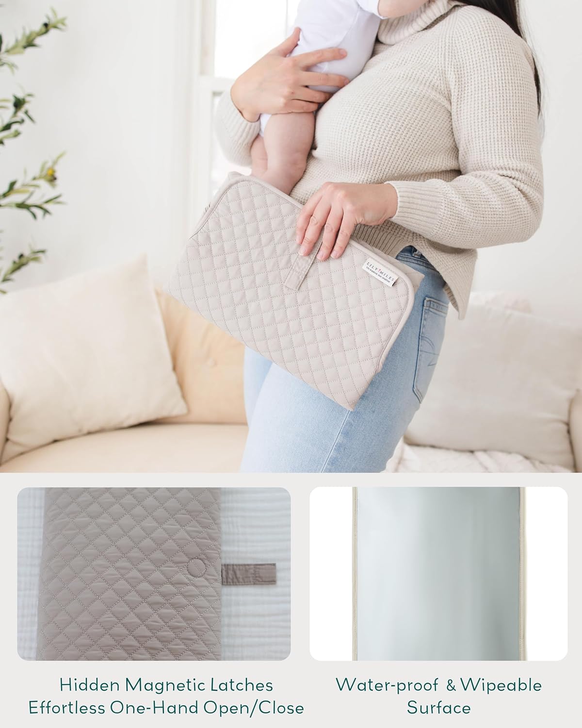 Diaper Changing Pad Portable, Baby Changing Mat with Magnetic Latches, Travel Pad for Diaper Bag, Baby Essentials, Wipeable & Waterproof Mat (Soft Sand, Regular)